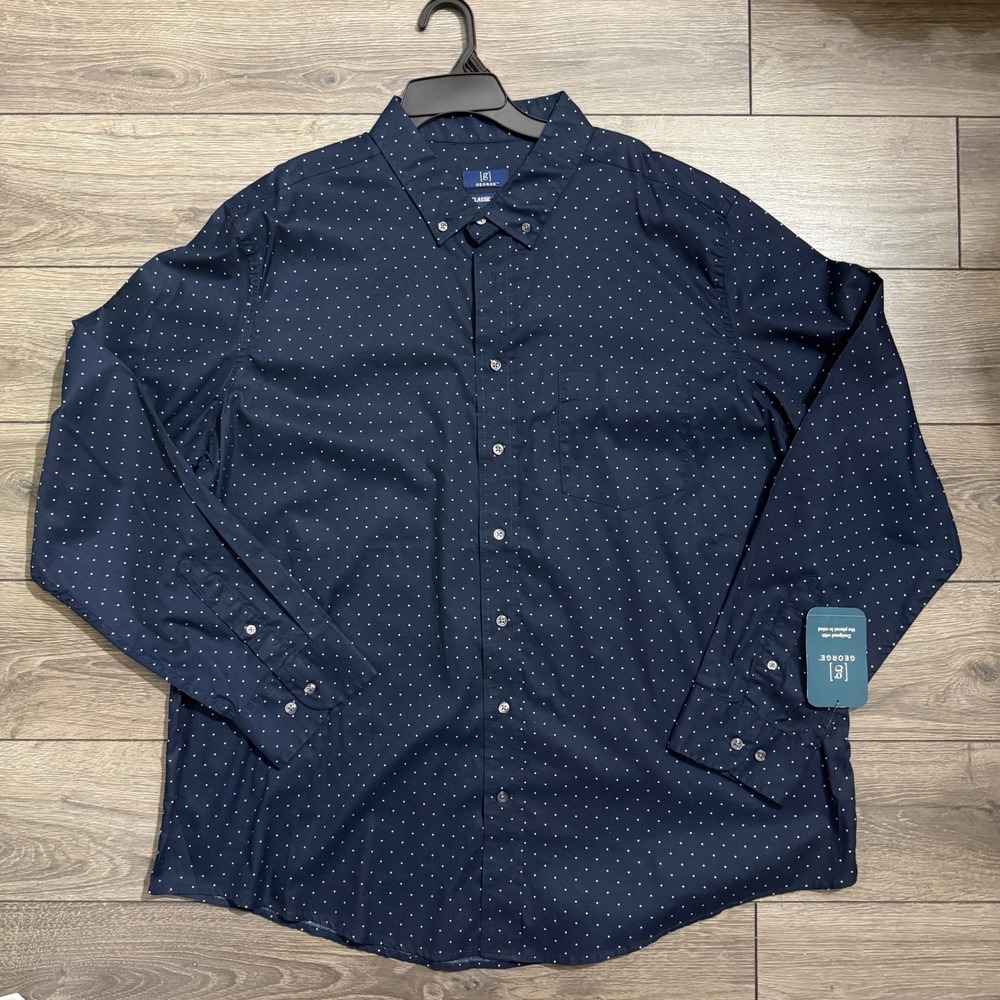 George Mens 2XL Classic Fit Navy Polka Dot Long Sleeve Button Down Shirt NWT
